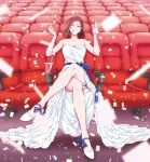  1girl :p asai_(asumithi) blue_eyes breasts brown_hair cleavage confetti crossed_legs cup disposable_cup dress drink drinking_straw earrings eyewear_removed jewelry kine-san_no_1-ri_de_cinema kine_machiko movie_theater official_art red-framed_eyewear ring seat sitting solo theater tongue tongue_out wedding_band wedding_dress white_dress 