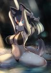  1girl animal_ears arms_behind_head artist_request between_breasts bikini black_bikini black_hair blue_eyes blush breasts cleavage eyebrows_visible_through_hair fur_collar gloves grey_wolf_(kemono_friends) groin heterochromia highres kemono_friends large_breasts long_hair looking_at_viewer multicolored_hair navel necktie necktie_between_breasts scenery sitting solo swimsuit tail two-tone_hair white_gloves white_hair wolf_ears wolf_girl wolf_tail yellow_eyes 