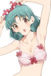  1girl :o adjusting_bow aqua_hair armpits arms_up bangs bare_arms bare_shoulders bow bow_bra bra breasts brown_eyes cleavage collarbone commentary_request curly_hair eyebrows_visible_through_hair floral_print frilled_bra frills hair_bow head_tilt highres hiroki_(yyqw7151) idolmaster idolmaster_million_live! light_blush looking_at_viewer medium_breasts medium_hair open_mouth parted_bangs pink_bow pink_bra polka_dot polka_dot_bow print_bra red_bow simple_background solo tokugawa_matsuri underwear underwear_only upper_body white_background 
