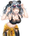  1girl :d absurdres animal_ears arknights armpits arms_up bare_arms bare_shoulders black_hair black_pants black_shirt blush breasts cleavage clothes_around_waist collarbone commentary cowboy_shot crop_top eyebrows_visible_through_hair eyewear_on_head fang feater_(arknights) grey_hair hair_over_one_eye highres jacket jacket_around_waist kanniepan large_breasts long_hair looking_at_viewer midriff multicolored_hair navel open_mouth panda_ears pants round_eyewear shirt simple_background sleeveless sleeveless_shirt smile solo spaghetti_strap standing stomach sunglasses teeth tongue twintails two-tone_hair white_background yellow_eyes yellow_jacket 