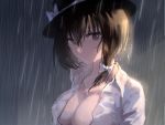  bow breasts brown_eyes brown_hair cleavage collarbone collared_shirt commentary croci fedora hair_between_eyes hat hat_bow hat_ribbon highres large_breasts looking_at_viewer open_clothes open_shirt rain ribbon shirt short_hair standing touhou upper_body usami_renko wet wet_clothes wet_shirt white_bow white_ribbon white_shirt wing_collar 