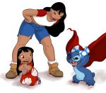  2018 alien ambiguous_gender bent_over bikini bikini_top black_hair blue_body blue_claws blue_nose boots brown_eyes cape claws clothed clothing disney experiment_(lilo_and_stitch) female footwear group hair hands_on_hips hands_together hi_res human kneeling lilo_and_stitch lilo_pelekai long_hair looking_aside looking_at_another looking_down male_(lore) mammal muumuu mxst16344 nani_pelekai open_mouth open_smile sandals signature simple_background small_tail smile stitch_(lilo_and_stitch) swimwear white_background 