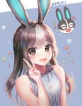  1girl 4b :d animal_ears bare_arms bare_shoulders blue_background blush brown_hair bunny bunny_ears bunny_girl doubutsu_no_mori flower grey_shirt hand_up humanization long_hair martha_(doubutsu_no_mori) multicolored_hair open_mouth shirt silver_hair sleeveless sleeveless_shirt smile twitter_username two-tone_background two-tone_hair upper_body v 