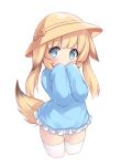  1girl animal_ears arms_up blonde_hair blue_eyes blue_shirt child covering_mouth fox_ears fox_tail hand_to_own_mouth hat highres kemomimi_oukoku_kokuei_housou kindergarten_uniform long_hair mikoko_(kemomimi_oukoku_kokuei_housou) school_hat shirt simple_background skirt sleeves_past_wrists solo tail tamase_tama thigh_gap thighhighs twintails virtual_youtuber white_background white_legwear white_skirt yellow_headwear 