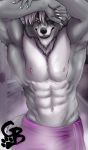  2019 abs anthro black_lips black_nose canid canine canis clothed clothing detailed_background eye_patch eyewear fur goldeyboi grey_body grey_fur hi_res lips looking_at_viewer male mammal muscular muscular_anthro muscular_male navel nintendo nipples pink_nipples purple_towel red_eyes shower signature smile solo star_fox steam teeth topless towel towel_only video_games wet wet_body wet_fur wolf wolf_o&#039;donnell 