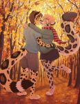  anthro autumn cheetah duo felid feline female hi_res kacey male male/female mammal outside pregnant scarf tree 
