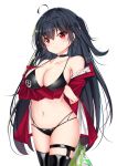  1girl absurdres ahoge azur_lane bangs bare_shoulders bikini black_bikini black_choker black_hair blush breasts choker cleavage collarbone commentary_request eyebrows_visible_through_hair eyewear_on_head hair_between_eyes highres jacket large_breasts long_hair looking_at_viewer navel race_queen red_eyes red_jacket simple_background solo swimsuit taihou_(enraptured_companion)_(azur_lane) thighhighs tming white_background 