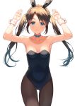  1girl :3 animal_ears armpits arms_up bare_arms bare_shoulders black_leotard blue_choker blue_eyes breasts brown_hair brown_legwear bunny_ears bunny_girl bunnysuit choker collarbone covered_navel cowboy_shot fake_animal_ears hairband highres idolmaster idolmaster_shiny_colors leotard long_hair looking_at_viewer mitsumine_yuika pantyhose rangen ribbon_choker simple_background small_breasts smile solo standing strapless strapless_leotard twintails white_background wrist_cuffs 