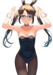  1girl :3 animal_ears armpits arms_up bare_arms bare_shoulders black-framed_eyewear black_leotard blue_choker blue_eyes breasts brown_hair brown_legwear bunny_ears bunny_girl bunnysuit choker collarbone covered_navel cowboy_shot fake_animal_ears glasses hairband highres idolmaster idolmaster_shiny_colors leotard long_hair looking_at_viewer mitsumine_yuika pantyhose rangen ribbon_choker simple_background small_breasts smile solo standing strapless strapless_leotard twintails white_background wrist_cuffs 