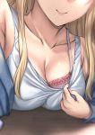  1girl aldehyde armpits bare_shoulders blonde_hair bra breasts cleavage frills highres long_hair original self_shot smile solo sweatdrop underwear white_bra 