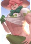  1boy abs absurdres colored_pubic_hair erection erection_under_clothes freckles gloves green_eyes gym_leader hat highres huge_filesize large_penis looking_at_viewer male_focus mixivsky muscle navel open_mouth penis pink_hair pokemon pokemon_(game) pokemon_swsh pubic_hair self_exposure shirt shirt_lift smile sweat yarrow_(pokemon) 