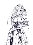 1girl adapted_costume armor armored_dress blush braid breasts cleavage cleavage_cutout drooling gauntlets girls_frontline highres kinbakuman large_breasts medium_hair monochrome sketch solo spas-12_(girls_frontline) tied_hair 
