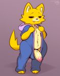  2019 anthro cheek_tuft clothed clothing domestic_cat exposed eyes_closed facial_tuft felid feline felis foreskin frumples fur genitals hi_res humanoid_genitalia humanoid_penis ineffective_clothing inner_ear_fluff jumpsuit male mammal navel nintendo partially_clothed patreon penis presenting presenting_penis signature slightly_chubby solo spitz_(warioware) tuft uncut unretracted_foreskin video_games warioware wide_hips yellow_body yellow_fur 