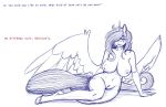 anthro bedroom_eyes big_breasts breasts dialogue english_text equid genitals gingersnaps_(oc) hasbro hi_res horn mammal my_little_pony narrowed_eyes nipples nude pubes pussy scar seductive simple_background snickerlewdles text white_background wide_hips winged_unicorn wings 