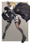  1girl blush bullpup double_bun eyewear_on_head girls_frontline gun highres kawara_pigeon light_brown_hair p90 p90_(girls_frontline) red_eyes short_hair skindentation smile solo submachine_gun thigh_strap thighhighs weapon 