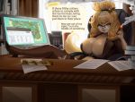  animal_crossing anthro big_breasts breasts canid canine canis cigar cleavage clothed clothing domestic_dog english_text eyewear female glasses hi_res isabelle_(animal_crossing) legwear mammal nintendo pantyhose picturd smoking solo speech_bubble spread_legs spreading text toy_dog video_games 