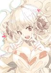  1girl anila_(granblue_fantasy) bangs blonde_hair blunt_bangs blush breasts brown_eyes cleavage draph fur_collar gloves granblue_fantasy heart horns kamizuki_shiki large_breasts long_hair muted_color open_mouth sheep_horns short_eyebrows smile solo thick_eyebrows 