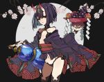  1girl bob_cut cup fate/grand_order fate_(series) horns ihako oni oni_horns purple_eyes purple_hair sakazuki short_hair shuten_douji_(fate/grand_order) smile solo 