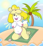  animal_crossing anthro areola beach beach_towel blonde_hair breasts buckteeth camel_toe canid canine canis clothed clothing dipstick_tail domestic_dog female fur hair hi_res isabelle_(animal_crossing) mammal mostly_nude multicolored_tail navel nintendo nipples open_mouth open_smile outside seaside signature smile solo sun teeth thirstspace tongue topless tree video_games water white_body white_fur yellow_body yellow_fur 