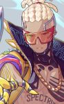 1boy absurdres bare_chest black_eyes blonde_hair clover dark_skin dark_skinned_male earrings english_text four-leaf_clover glasses highres jackets jewelry male_focus necklace original parted_lips solo spikes tattoo tewo_(tewowet) upper_body 