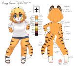  1girl animal_ears arrow_(symbol) ass blonde_hair blue_eyes blush character_sheet denim denim_shorts eyebrows_visible_through_hair full_body furry highres jupiter_europe looking_at_viewer orange_skin original parted_lips shirt short_hair short_sleeves shorts smile solo tail thick_thighs thighs tiger_ears tiger_girl tiger_tail white_shirt white_skin wide_hips 