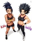  2girls abs absurdres biceps bike_shorts black_hair breasts caulifla character_name cleavage collarbone covered_nipples crossed_arms dragon_ball dragon_ball_super hands_on_hips highres jmg kale_(dragon_ball) looking_at_viewer multiple_girls muscle muscular_female navel pants shoes smile sneakers spiked_hair sports_bra stomach toned wristband yoga_pants 