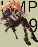  1girl absurdres black_bow black_footwear black_gloves black_jacket black_legwear black_ribbon black_scarf black_skirt boots bow brown_hair character_name commentary cross-laced_footwear fingerless_gloves full_body girls_frontline gloves green_background gun h&amp;k_ump h&amp;k_ump9 hair_bow highres holding holding_gun holding_weapon jacket knee_pads lace-up_boots long_hair looking_at_viewer matsunaga777 midriff_peek navel neck_ribbon open_clothes open_jacket pantyhose pleated_skirt red_eyes ribbon scar scar_across_eye scarf shirt simple_background skirt solo submachine_gun twintails ump9_(girls_frontline) weapon white_shirt 