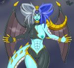  abs athletic athletic_female blue_body blue_hair blue_skin breasts canastus crossover demon dragon dragon_ball female fusion grey_hair hair humanoid jewelry lipstick makeup multi_colored_eyes nipples not_furry oceanus_shenron pinup pose scales solo spikes wide_hips wings yubel yugioh_gx 