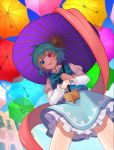  13_(spice!!) 1girl bangs blue_eyes blue_hair blue_skirt blue_sky blue_vest building commentary_request frilled_skirt frills heterochromia highres holding holding_umbrella juliet_sleeves long_sleeves looking_at_viewer looking_down miniskirt oriental_umbrella puffy_sleeves purple_umbrella red_eyes shirt short_hair skirt sky solo tatara_kogasa tongue tongue_out touhou umbrella vest white_shirt 