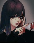  1girl black_nails black_shirt blood blood_on_face bloody_knife brown_hair close-up fingernails grey_background hand_on_own_face highres holding holding_knife knife long_fingernails looking_at_viewer original rakugaki_suruhito red_eyes red_lips shirt solo thick_lips 