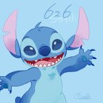  1:1 2020 4_fingers alien blue_background blue_body blue_claws blue_eyes blue_fur blue_nose blue_pawpads cello2424 character_name chest_tuft claws disney experiment_(lilo_and_stitch) fingers fur head_tuft lilo_and_stitch looking_at_viewer notched_ear open_mouth open_smile pawpads signature simple_background small_tail smile solo stitch_(lilo_and_stitch) tuft 
