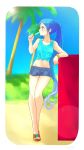  1girl alternate_costume beach blue_eyes blue_hair food highres kantai_collection long_hair midriff otowa_ori_ko popsicle samidare_(kantai_collection) sand sandals shirt short_shorts shorts sleeveless solo tied_shirt very_long_hair 