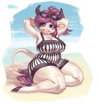  absurd_res anthro big_breasts bovid bovine breasts clothing eyewear eyewear_on_head female hands_behind_head hi_res holivi hooves horn looking_at_viewer mammal outside solo sunglasses sunglasses_on_head swimwear tail_tuft thick_thighs tuft 