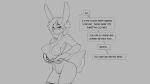  16:9 2020 anthro big_breasts blush breasts chest_tuft clothing dialogue english_text female fur genitals grey_background hair lagomorph leporid looking_at_viewer mammal monochrome nipples nude pussy rabbit simple_background solo text transformation tuft watsup widescreen 