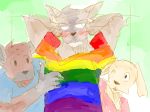  anthro beastars bird_dog blush canid canine canis clothing coyote domestic_dog durham_(beastars) fur group humanoid hunting_dog hyaenid hyenid jack_(beastars) labrador lgbt_pride male mammal miguno_(beastars) netflix pride_color_clothing pride_colors retriever rin_i9 spots spotted_body spotted_fur spotted_hyena viz 