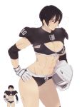  1boy 1girl abs bikini black_bikini black_hair breath brown_eyes elbow_pads facial_scar gloves hair_between_eyes hand_on_hip headwear_removed helmet helmet_removed holding levi_(shingeki_no_kyojin) mikasa_ackerman muscle muscular_female mushisotisis navel parted_lips scar shingeki_no_kyojin short_hair simple_background sportswear sweat swimsuit tomboy white_background white_gloves 