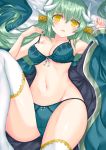  1girl bra breasts eyebrows_visible_through_hair fate/grand_order fate_(series) green_bra green_hair green_panties hair_between_eyes horns kiyohime_(fate/grand_order) long_hair lying medium_breasts morizono_shiki navel on_back on_bed panties solo thighhighs underwear underwear_only white_legwear yellow_eyes 