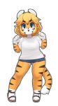  1girl animal_ears blonde_hair blue_eyes blush denim denim_shorts eyebrows_visible_through_hair full_body furry highres jupiter_europe looking_at_viewer orange_skin original parted_lips revision shirt short_hair short_sleeves shorts smile solo tail thick_thighs thighs tiger_ears tiger_girl tiger_tail white_shirt white_skin 