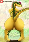  2020 absurd_res anthro anus big_butt biobrony butt carina_(biobrony) dilophosaurid dilophosaurus dinosaur female full-length_portrait genitals hi_res looking_back nude portrait presenting presenting_anus presenting_pussy pussy rear_view reptile scales scalie solo spikes theropod yellow_body yellow_scales 