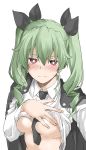  1girl anchovy_(girls_und_panzer) anzio_school_uniform between_breasts black_cape black_neckwear black_ribbon blush bra breasts cape closed_mouth commentary_request drill_hair elf_(stroll_in_the_woods) girls_und_panzer green_hair highres long_hair looking_at_viewer medium_breasts necktie necktie_between_breasts pink_bra red_eyes ribbon school_uniform shirt simple_background solo twin_drills twintails underwear upper_body white_background white_shirt 