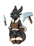  anthro armor axe belt biped breasts camel_toe claws clothed clothing dragon dreamworks evilymasterful female green_sclera how_to_train_your_dragon knife kobold leather leather_armor legwear looking_at_viewer melee_weapon night_fury panties scalie simple_background small_breasts solo svellera thigh_highs thong underwear video_games warrior weapon western_dragon white_background wide_hips 