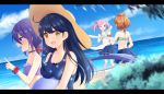  4girls :d absurdres akebono_(kantai_collection) ball bangs bare_arms bare_legs bare_shoulders barefoot beachball bell bikini bikini_top black_hair blue_bikini blue_skirt blue_sky blue_swimsuit blurry blurry_foreground blush breasts brown_eyes brown_hair brown_headwear brown_scrunchie casual_one-piece_swimsuit cloud collarbone commentary_request day depth_of_field eyebrows_visible_through_hair flower green_bikini hair_bell hair_between_eyes hair_flower hair_ornament hat highres horizon jingle_bell kantai_collection large_breasts letterboxed long_hair multiple_girls oboro_(kantai_collection) ocean one-piece_swimsuit open_mouth outdoors palm_tree pink_hair pleated_skirt polka_dot polka_dot_swimsuit poppy_(poppykakaka) profile purple_bikini purple_eyes purple_hair red_scrunchie sazanami_(kantai_collection) scrunchie side_ponytail skirt sky smile sun_hat swimsuit tree ushio_(kantai_collection) very_long_hair water wrist_scrunchie 