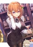  1girl adjusting_hair alcohol bangs bar bartender black_skirt brown_hair cherry cocktail_glass collared_shirt counter cup dress_shirt drinking_glass eyebrows_visible_through_hair flower food food_in_mouth fruit gochuumon_wa_usagi_desu_ka? hair_behind_ear hair_between_eyes hair_flower hair_ornament hair_tucking hairclip highres hoto_cocoa ks leaning_forward long_hair long_sleeves miniskirt older pencil_skirt purple_eyes shirt sidelocks skirt striped striped_neckwear vest 