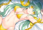  1girl bangs bare_shoulders bikini blush breasts cleavage collarbone eyebrows_visible_through_hair fate/grand_order fate_(series) frilled_bikini frills green_hair hair_between_eyes horns japanese_clothes kimono kiyohime_(fate/grand_order) kiyohime_(swimsuit_lancer)_(fate) large_breasts long_hair looking_at_viewer lying morizono_shiki on_back on_bed open_clothes open_kimono smile solo swimsuit yellow_background yellow_bikini yellow_eyes 