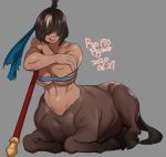  1girl 2020 agawa_ryou artist_name bare_shoulders brown_hair centaur commentary dark_skin dated grey_background hair_over_eyes lips looking_at_viewer muscle navel original polearm shor signature simple_background sitting solo spear strapless tubetop weapon 