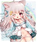  2020 absurdres ahoge animal_ear_fluff animal_ears arm_up blue_kimono breasts cleavage covering covering_crotch double_bun groin hair_bun hair_ornament hairclip happy_new_year highres japanese_clothes kimono koma_momozu long_hair mouse_ears mouse_tail navel new_year one_eye_closed open_clothes open_kimono open_mouth original red_eyes ribbon short_kimono silver_hair smile tail tail_censor thighhighs thighs v white_legwear 