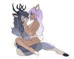  5:4 alpha_channel anthro anthro_on_anthro antlers black_hair black_hooves black_nose blue_eyes breast_squish breasts brown_body brown_fur butt capreoline cervid cervine countershade_torso countershading cupping duo eye_contact eyebrows eyelashes facial_markings facing_each_other female female/female fur fur_markings grey_body grey_hair hair hand_on_hip head_markings hooves horn long_hair looking_at_another mammal markings mule_deer multicolored_body multicolored_hair nude pink_hair purple_eyes side_boob side_view sika_deer sitting_in_lap squish straddling tan_body tan_fur white_hair white_hooves white_nose white_tail wolfie-pawz 