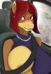  2019 anthro big_breasts biobrony bite biting_lip biting_own_lip breasts brown_body bust_portrait car clothed clothing ear_piercing equid equine female front_view gem hair hi_res horse inside_car jewelry looking_at_viewer mammal necklace nipple_slip one_breast_out partially_clothed pearl_(gem) pearl_necklace piercing portrait red_hair seatbelt self_bite solo sophie_(biobrony) vehicle 