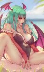  1girl bangs bare_shoulders bat_wings blunt_bangs blurry blurry_background breasts bridal_gauntlets cleavage collarbone day demon_girl elbow_gloves english_commentary eyeshadow gloves green_hair head_wings heart_cutout large_breasts leotard lips long_hair looking_at_viewer low_wings makeup morrigan_aensland outdoors purple_wings sitting solo soranamae spread_legs strapless succubus vampire_(game) wings yellow_eyes 