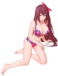  1girl artist_request bangs bare_shoulders bikini blush breasts cleavage closed_mouth collarbone fate/grand_order fate_(series) feet flower hair_between_eyes hair_flower hair_ornament hibiscus highres large_breasts legs long_hair looking_to_the_side navel pink_bikini purple_hair red_eyes scathach_(fate)_(all) scathach_(swimsuit_assassin)_(fate) simple_background swimsuit white_background 
